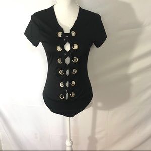 Black Lace up Front Bodysuit